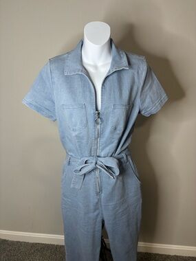 Haute Monde Light Blue Denim Jumpsuit with Tie Waist